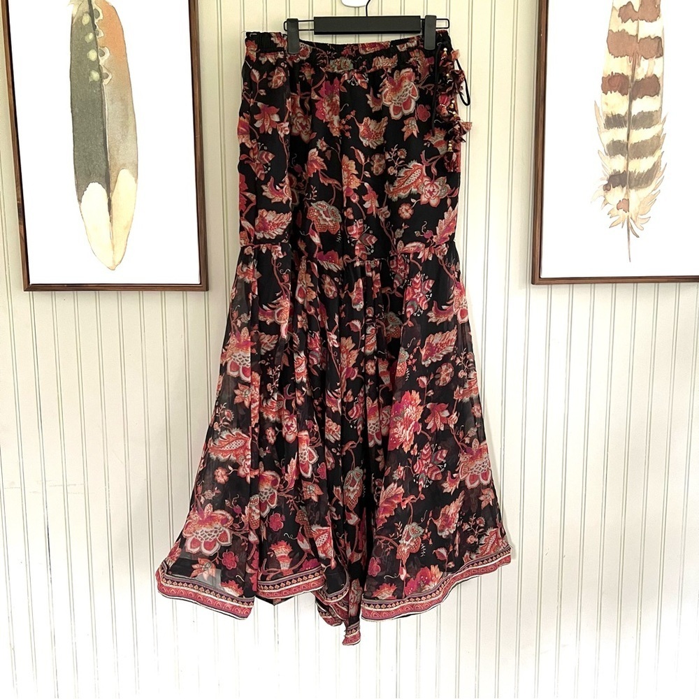 Big Flare Floral Red and Black Chiffon Ruffle Pull On Maxi Pants